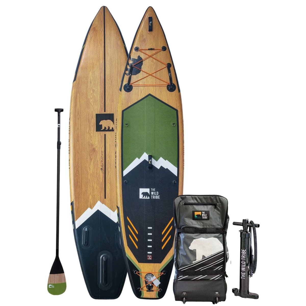 Athabasca 11' planche de paddle gonflable verte (pagaie hybride en carbone + sac à roulettes) - The Wild Tribe