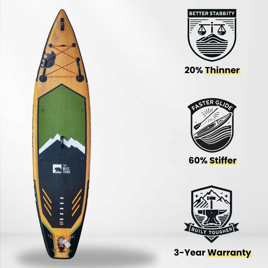 Athabasca 11' planche de paddle gonflable verte (pagaie hybride en carbone + sac à roulettes) - The Wild Tribe