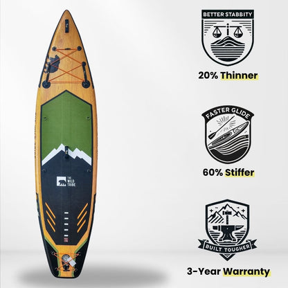 Athabasca 11' planche de paddle gonflable verte (pagaie hybride en carbone + sac à roulettes) - The Wild Tribe