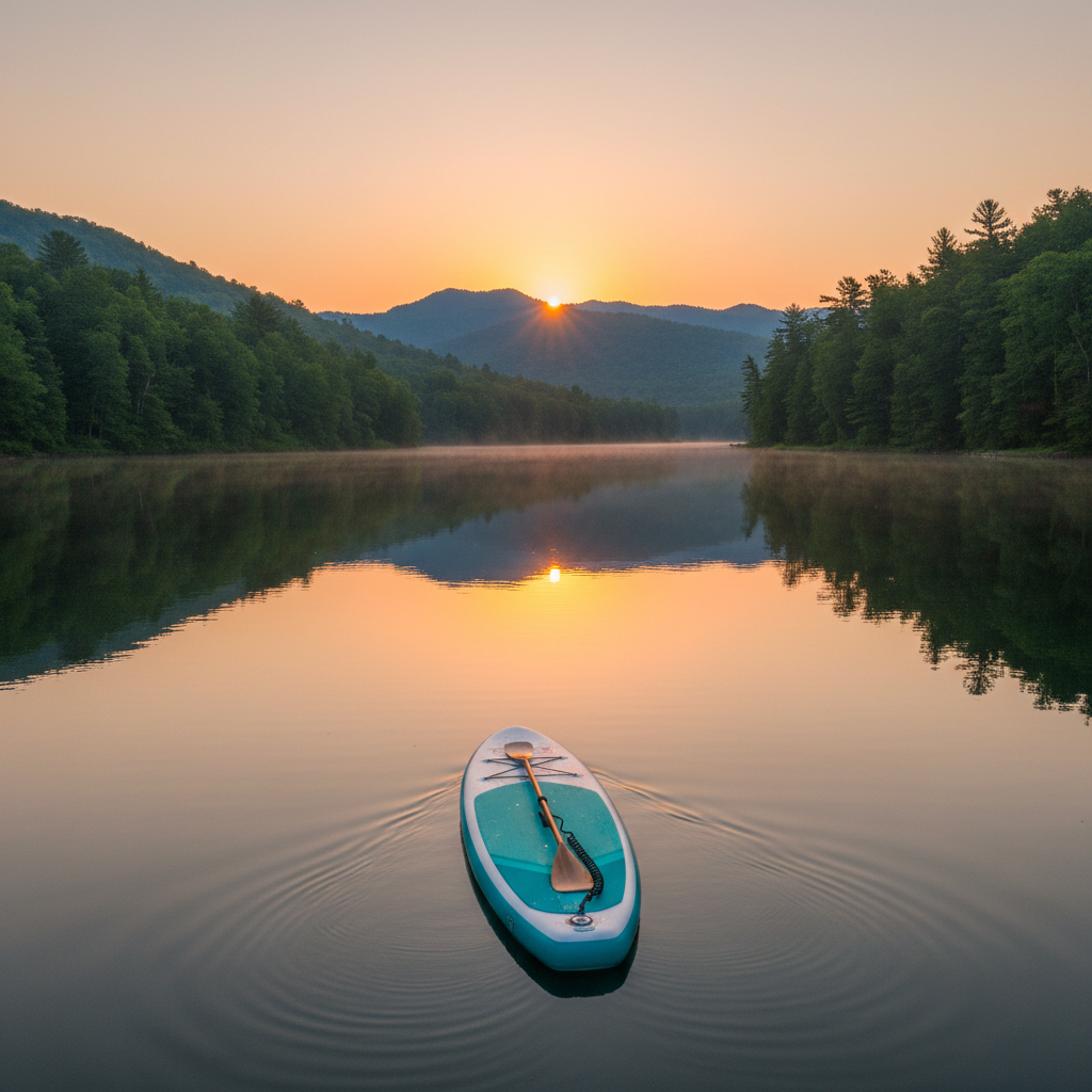 Planche à pagaie sur un lac au coucher du soleil